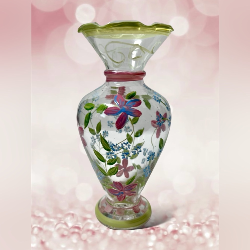 Tracy Porter Hand Painted Glass Vase Floral Ruffled Top 6.5”